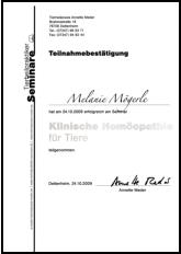 Klinische Homopathie fr Tiere Urkunde